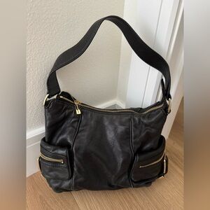 Michael Kors Black Leather Moto Shoulder Bag | Gold Hardware | Zip Pocket Hobo
